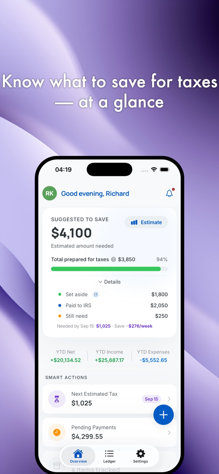 TaxTrack Overview showing the suggested amount to save, progress toward it, and a year-to-date net, income and expense summary