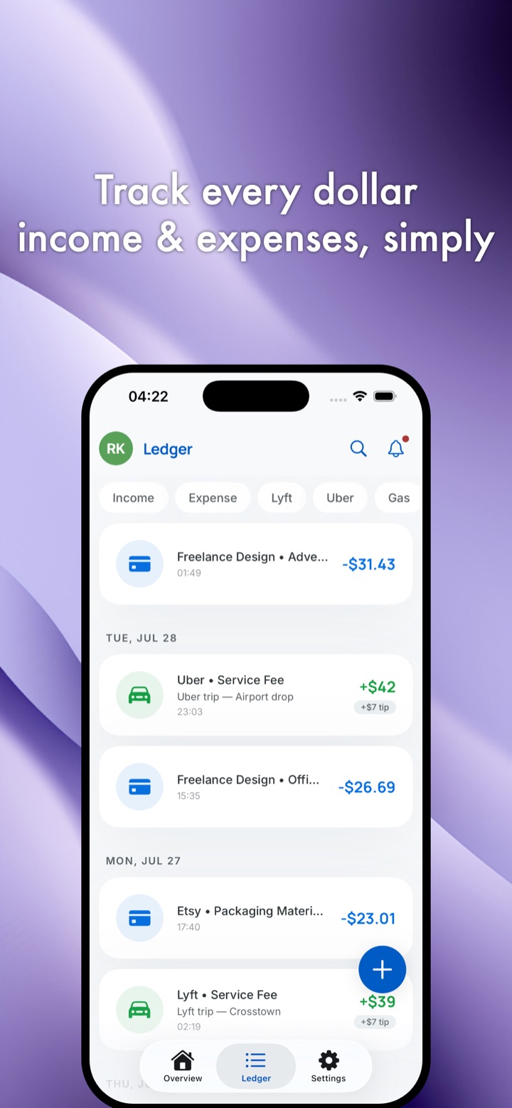 TaxTrack Ledger with income and expense filter chips and transactions grouped by day