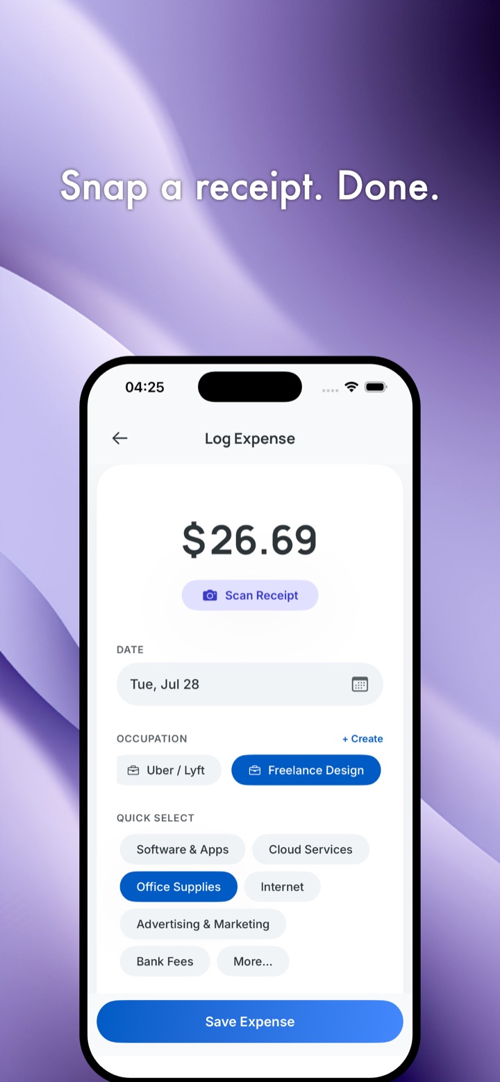 Log Expense screen with the amount, Scan Receipt, date, occupation, and quick-select category chips