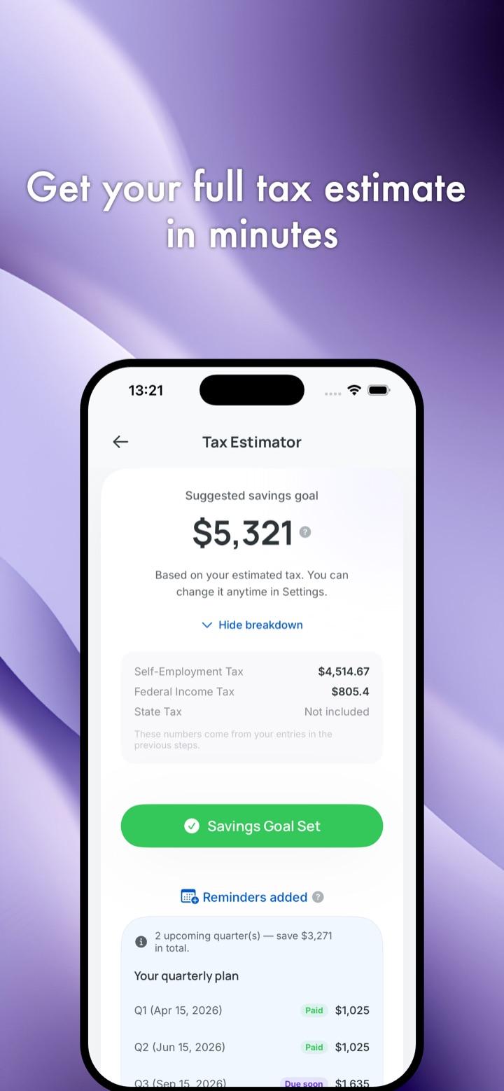 Tax Estimator result showing the suggested savings goal, a self-employment and federal tax breakdown, and the quarterly plan