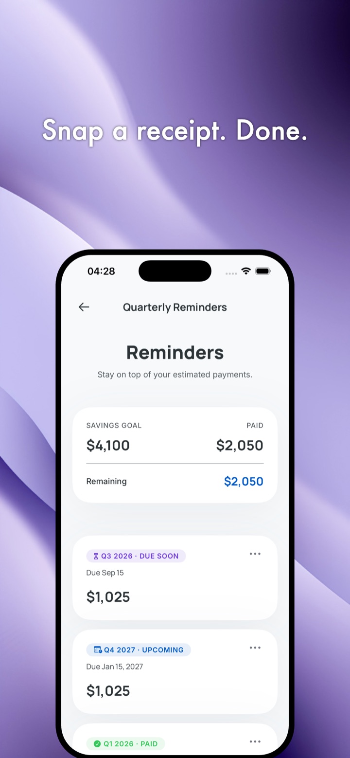 Quarterly Reminders list with savings goal, amount paid, remaining balance, and upcoming due dates